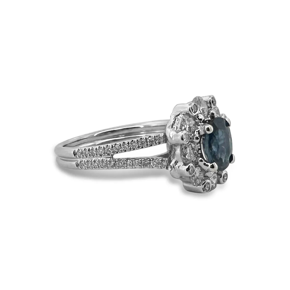 Blue Oval Sapphire & Round Brilliant Diamond Halo 14k White Gold Cocktail Ring