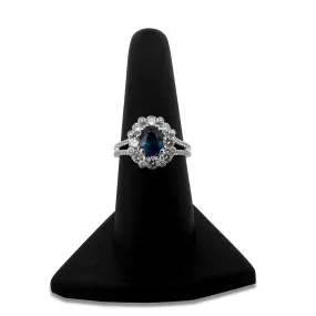 Blue Oval Sapphire & Round Brilliant Diamond Halo 14k White Gold Cocktail Ring