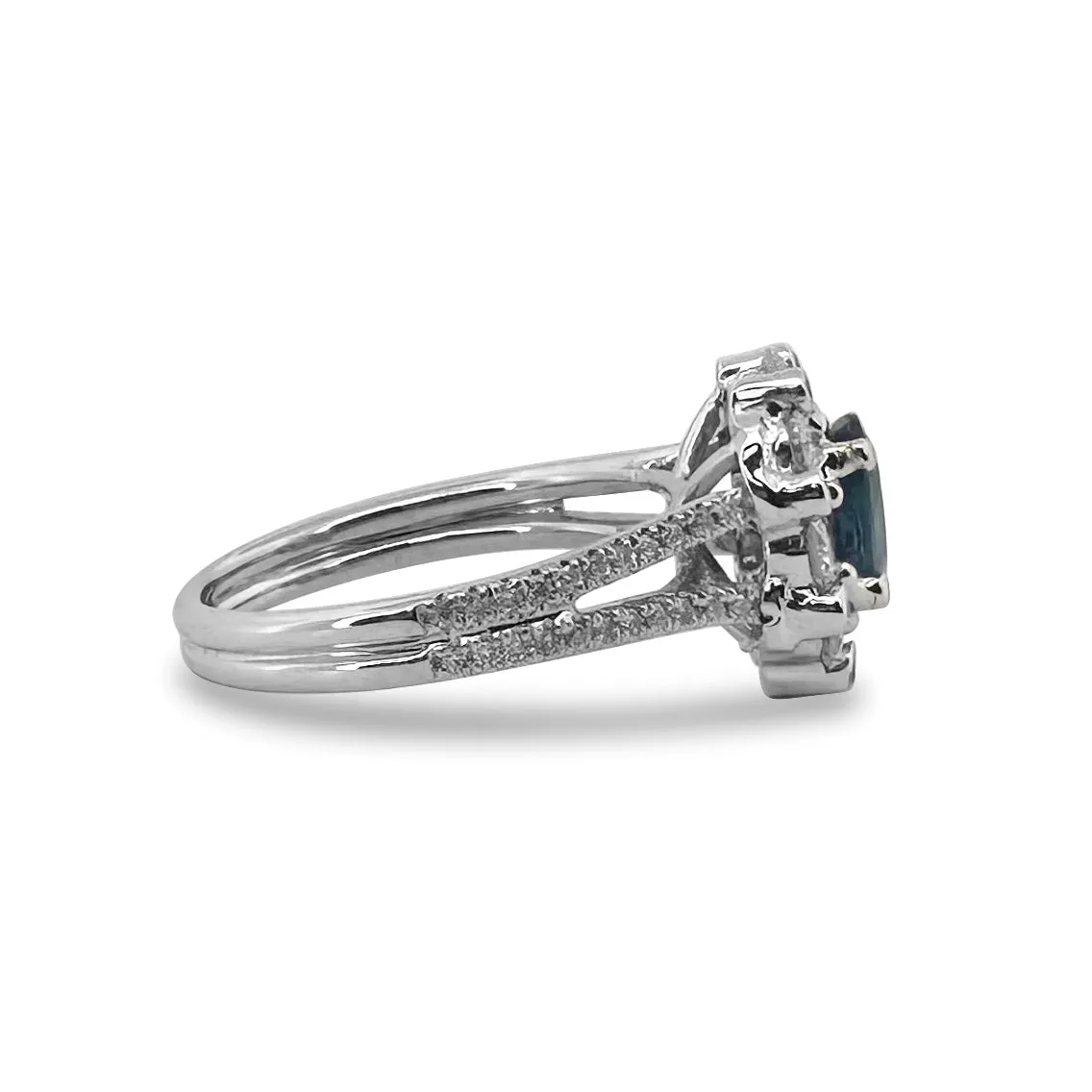 Blue Oval Sapphire & Round Brilliant Diamond Halo 14k White Gold Cocktail Ring