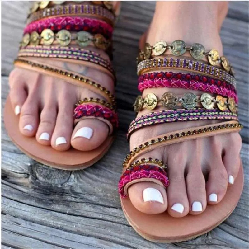 Boho Faux Leather Toe Ring Sandals