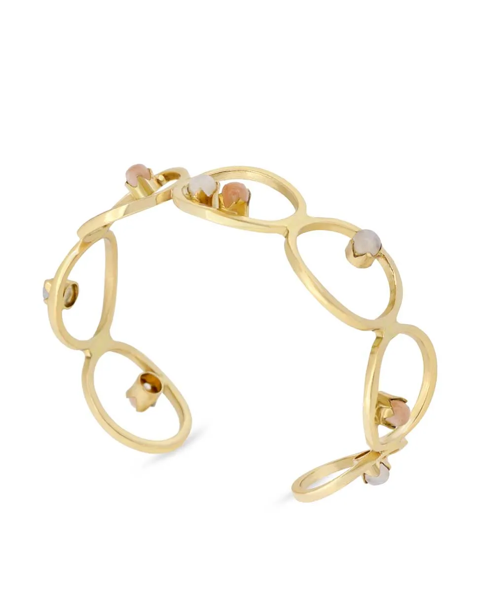 Brass Cuff Bracelet with Moonstone and Peach Moonstone