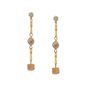 Bronze Pearl & Champagne Crystal Earrings on Chain