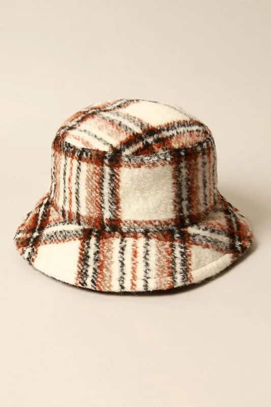 Brown Winter Plaid Pattern Wool Blend Bucket Hat