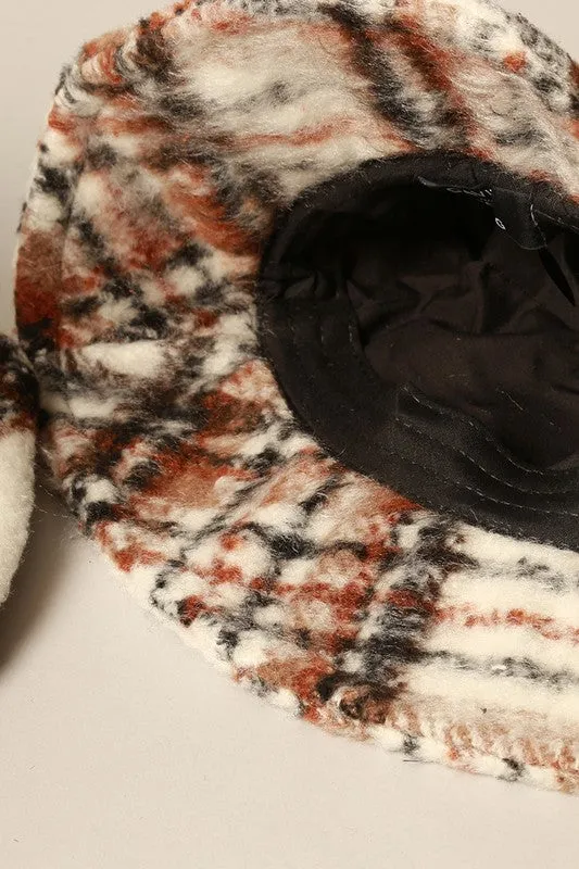 Brown Winter Plaid Pattern Wool Blend Bucket Hat