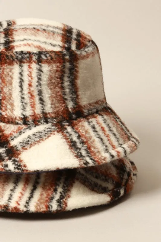 Brown Winter Plaid Pattern Wool Blend Bucket Hat