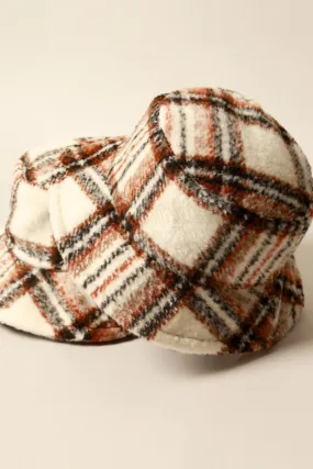 Brown Winter Plaid Pattern Wool Blend Bucket Hat