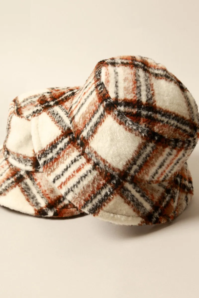 Brown Winter Plaid Pattern Wool Blend Bucket Hat