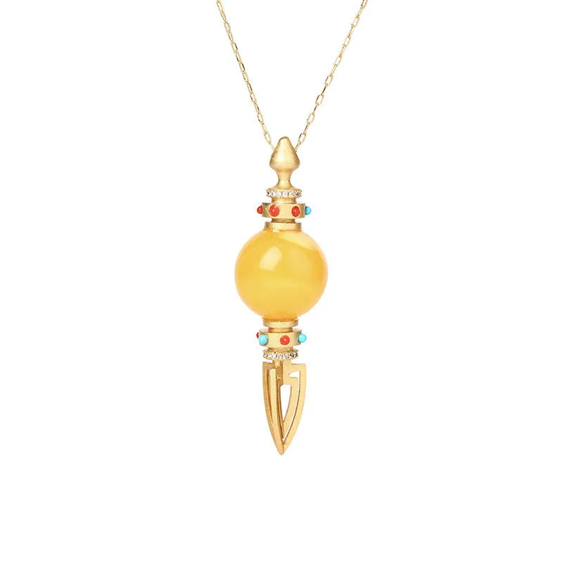 Buddha Stones 24K Gold Plated Amber Dorje Vajra Clear Anxiety Necklace Pendant