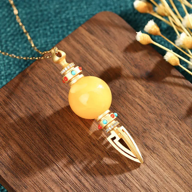Buddha Stones 24K Gold Plated Amber Dorje Vajra Clear Anxiety Necklace Pendant