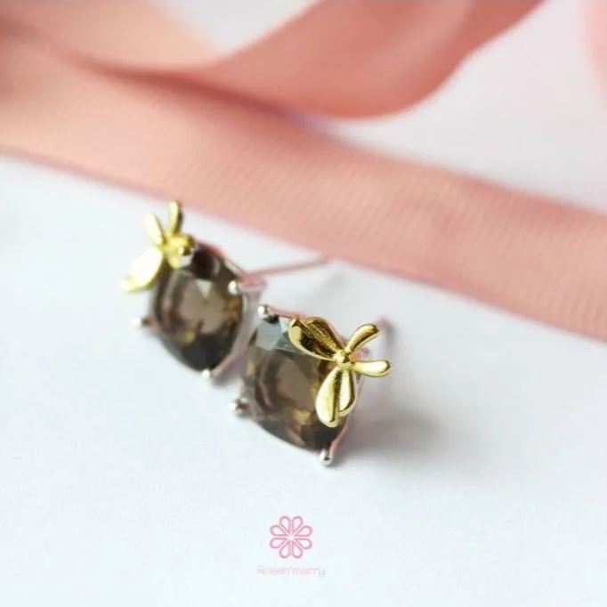 Butterfly Natural Smoky Quartz Stud Earrings Sterling Silver925.