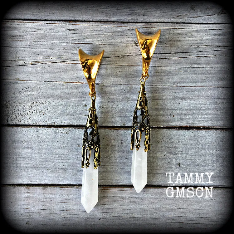 Clouded quartz gauged earrings