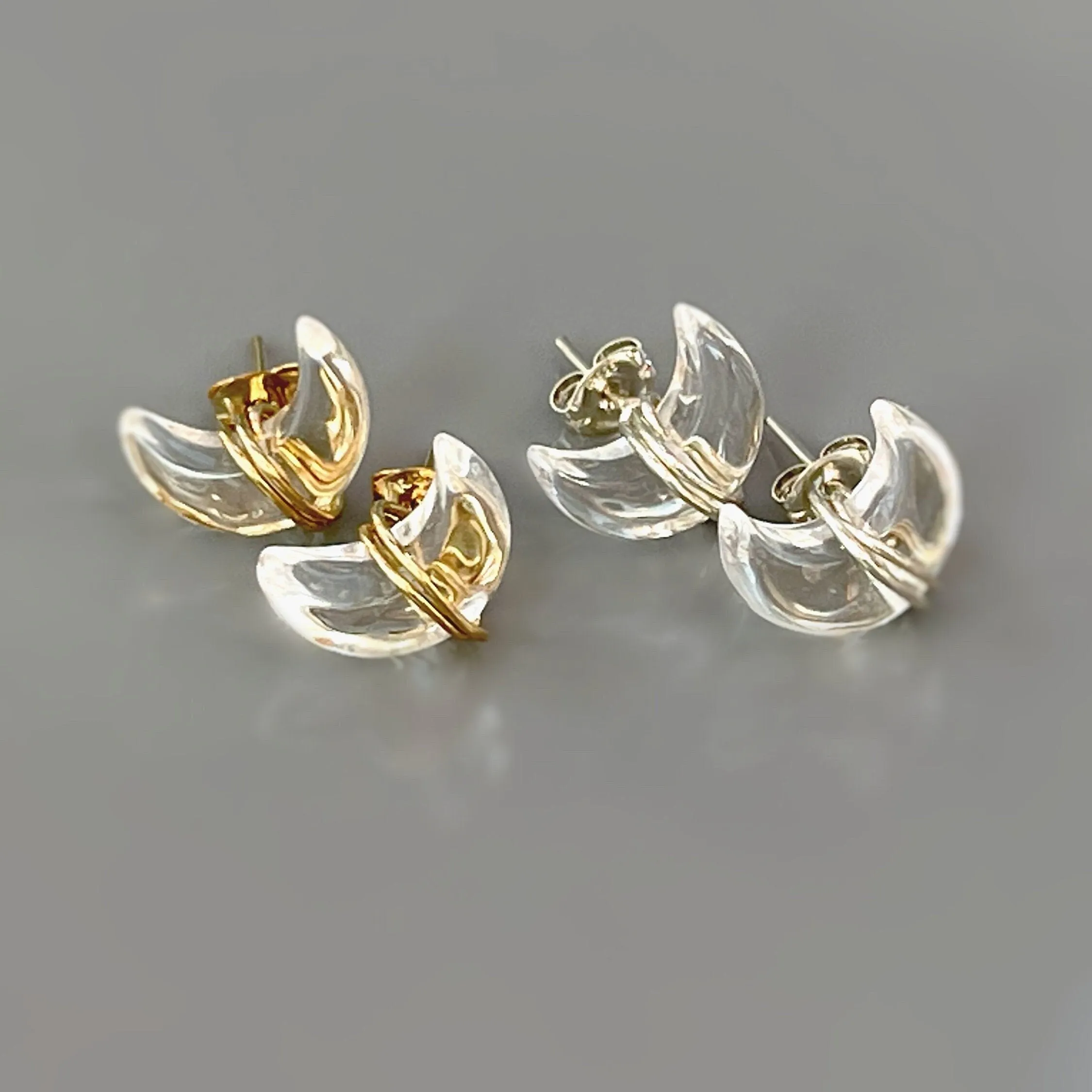 Crescent Moon Crystal Stud Earrings Silver, 14k Gold Fill