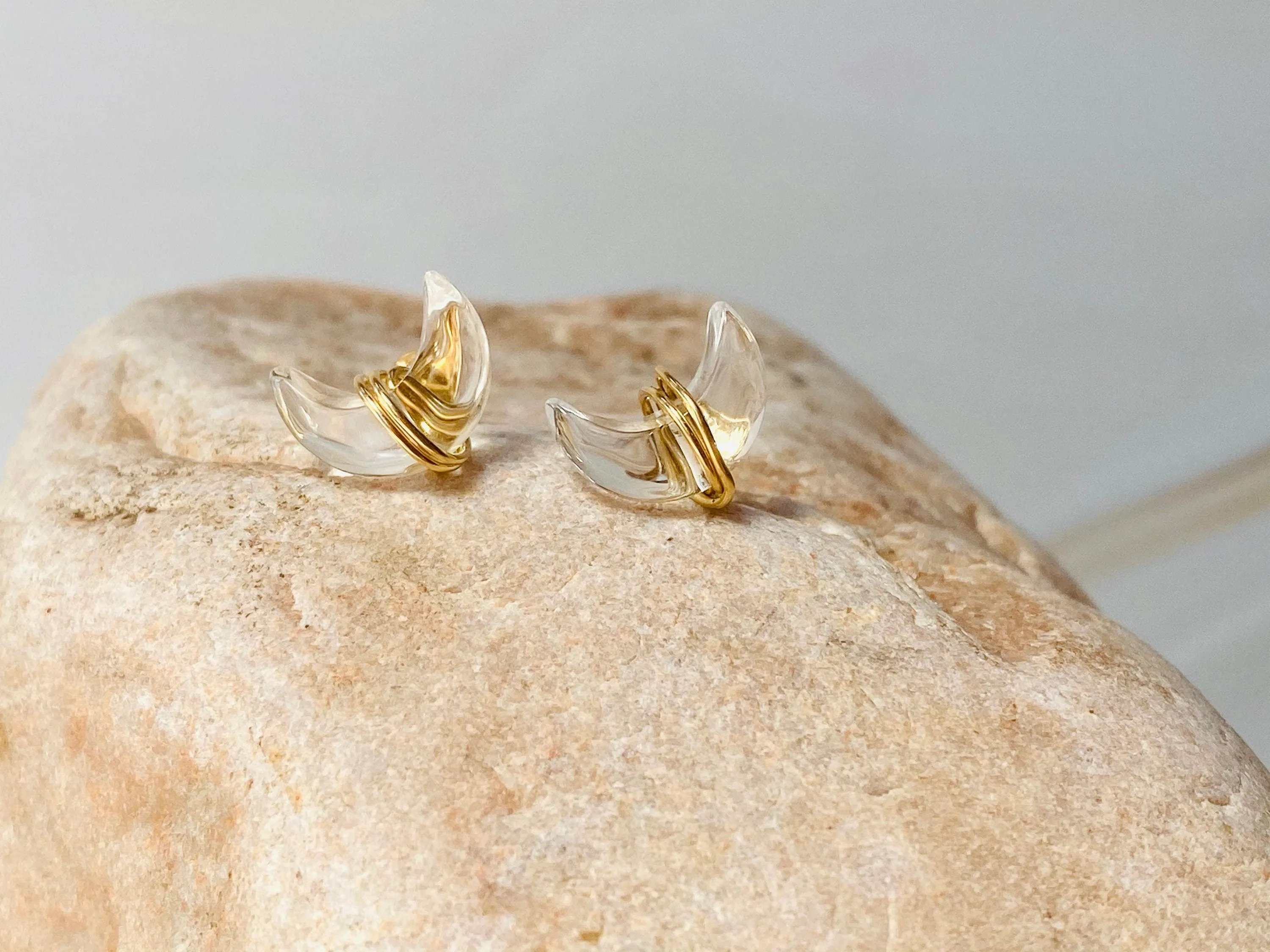 Crescent Moon Crystal Stud Earrings Silver, 14k Gold Fill