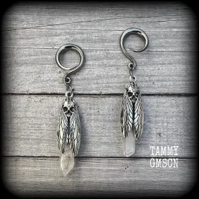 Deaths head moth quartz gauged earrings-Gemstone ear hangers