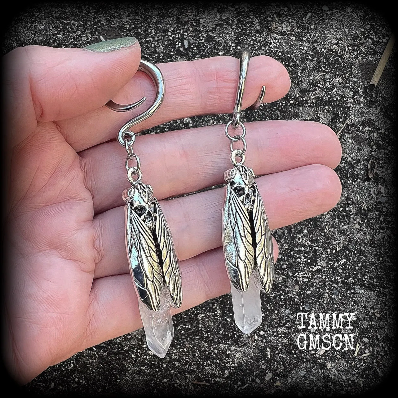 Deaths head moth quartz gauged earrings-Gemstone ear hangers