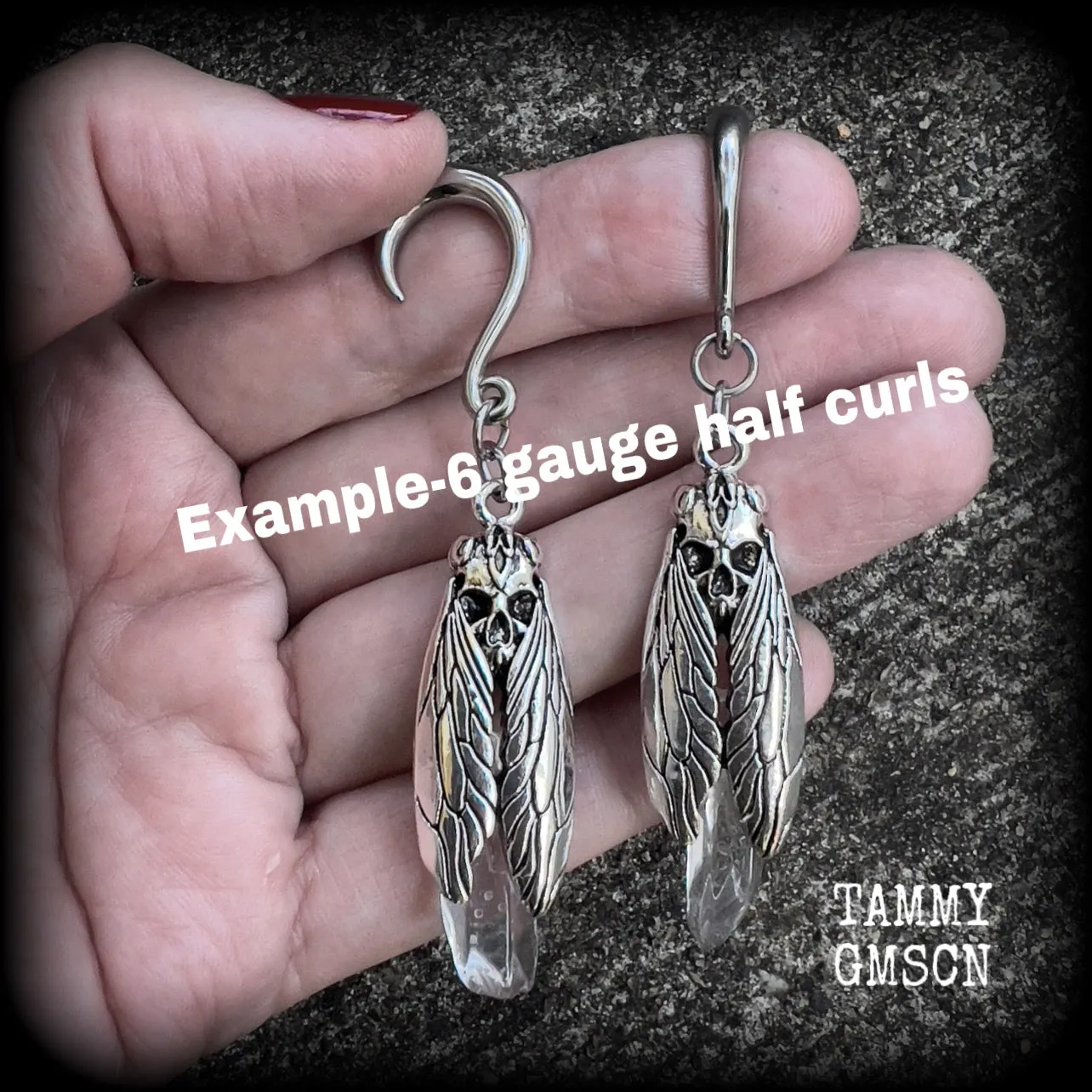 Deaths head moth quartz gauged earrings-Gemstone ear hangers