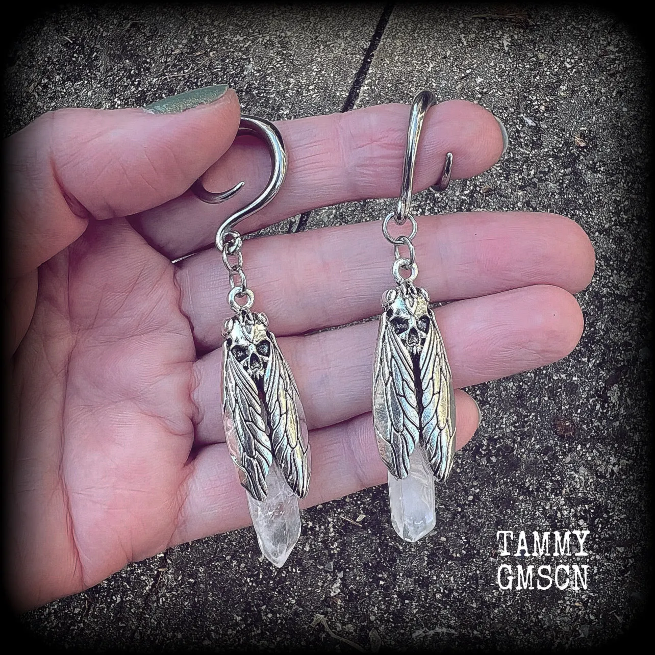 Deaths head moth quartz gauged earrings-Gemstone ear hangers
