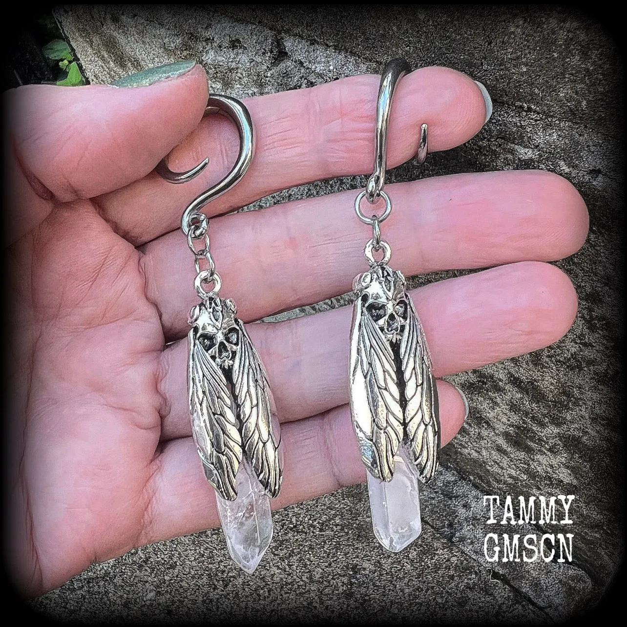 Deaths head moth quartz gauged earrings-Gemstone ear hangers