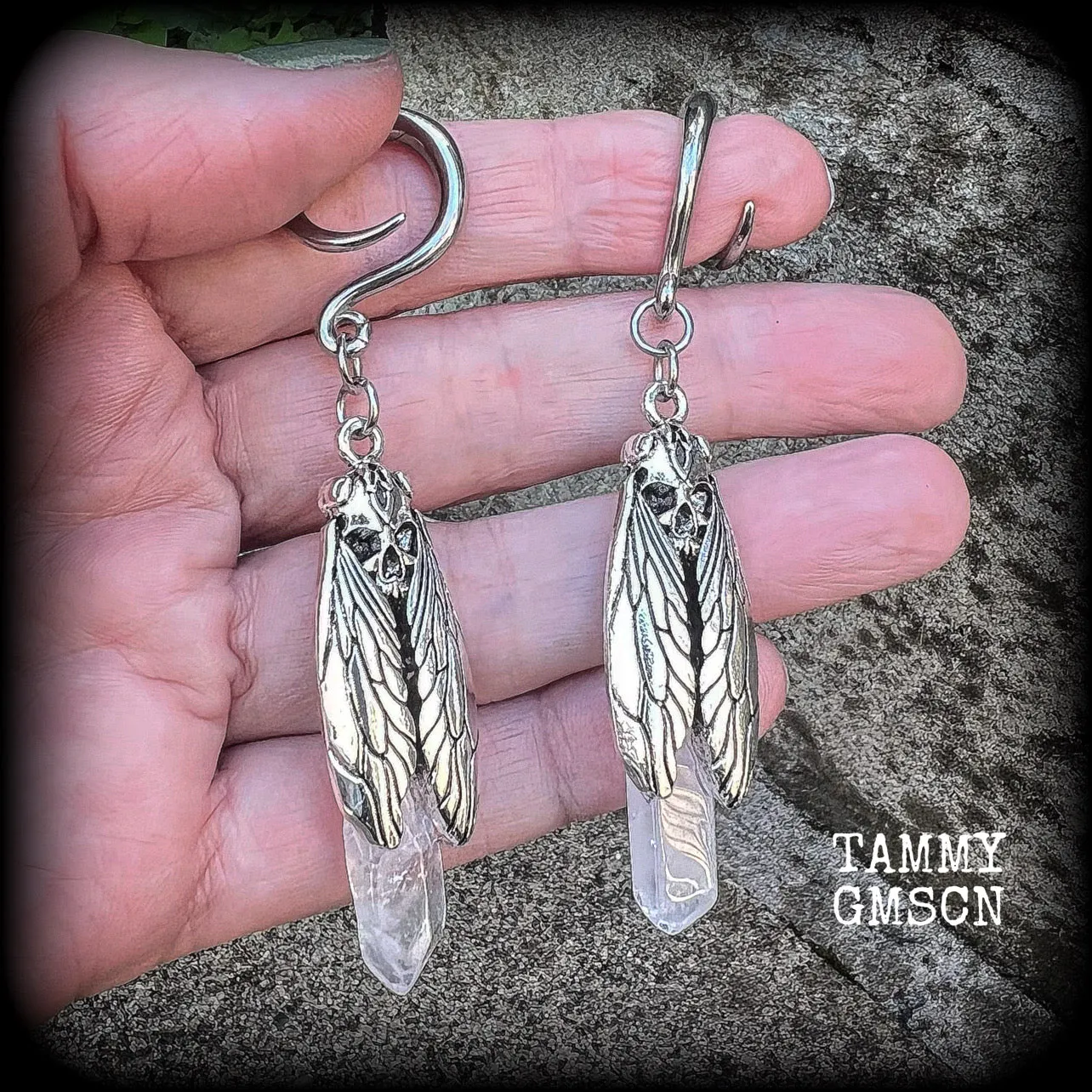 Deaths head moth quartz gauged earrings-Gemstone ear hangers