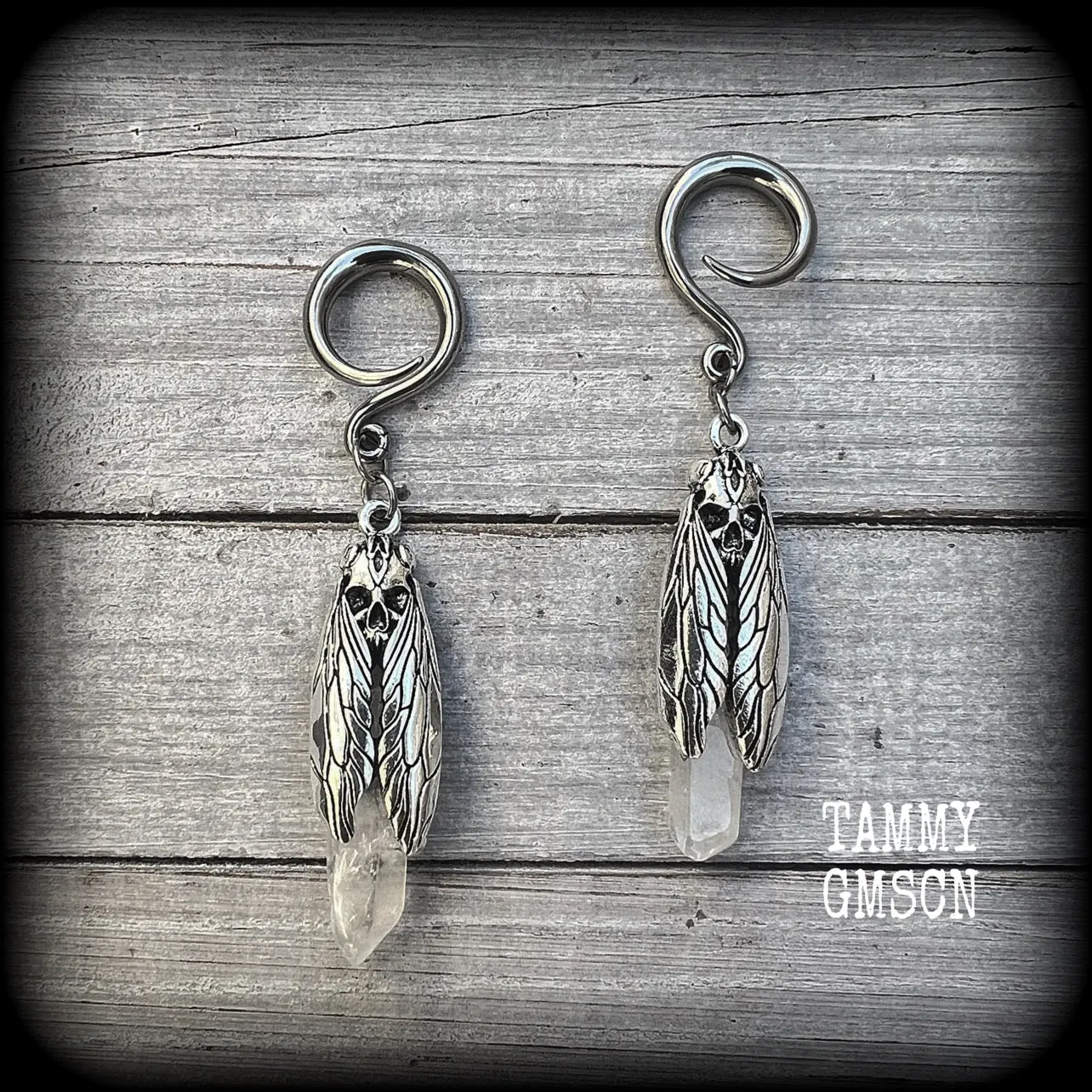 Deaths head moth quartz gauged earrings-Gemstone ear hangers