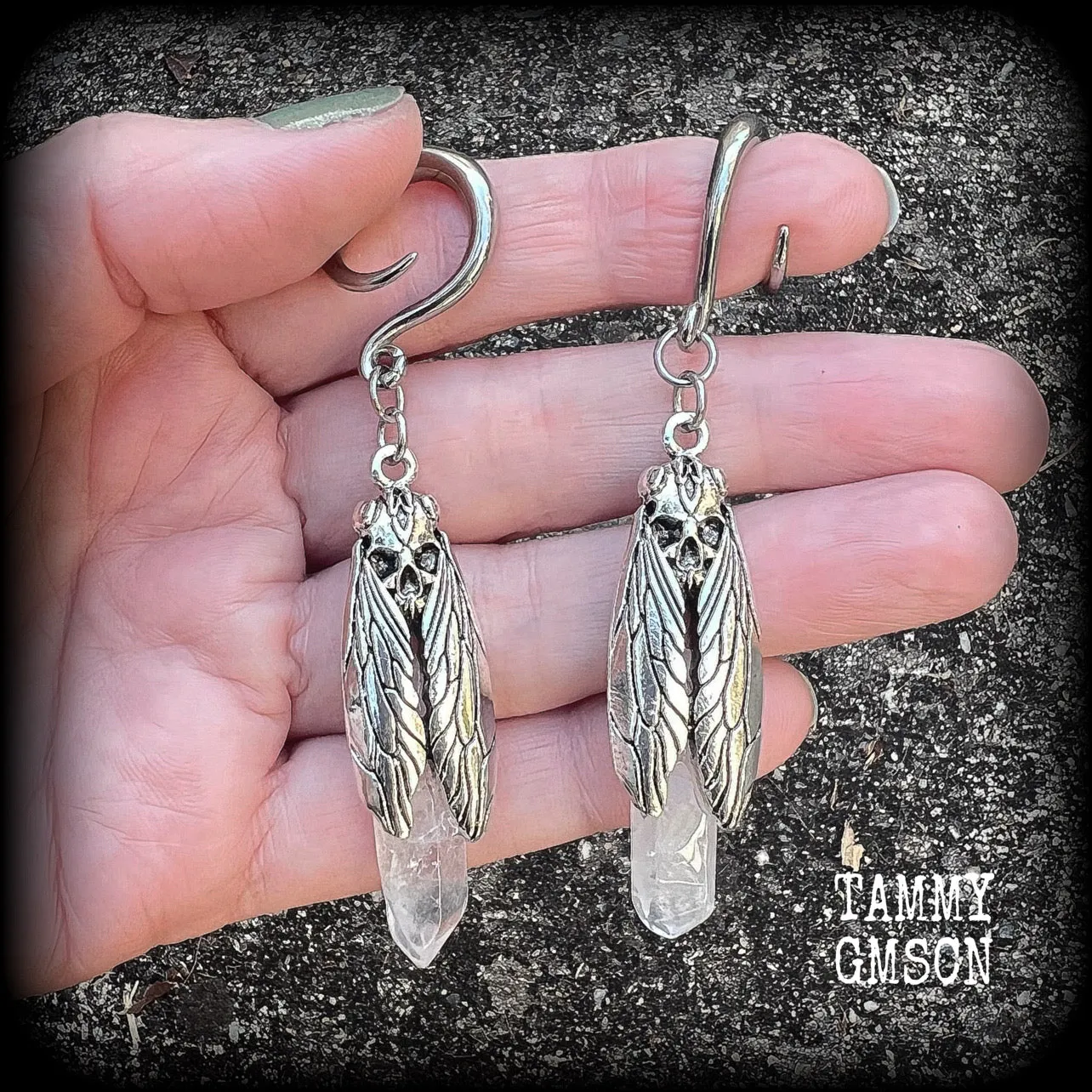 Deaths head moth quartz gauged earrings-Gemstone ear hangers