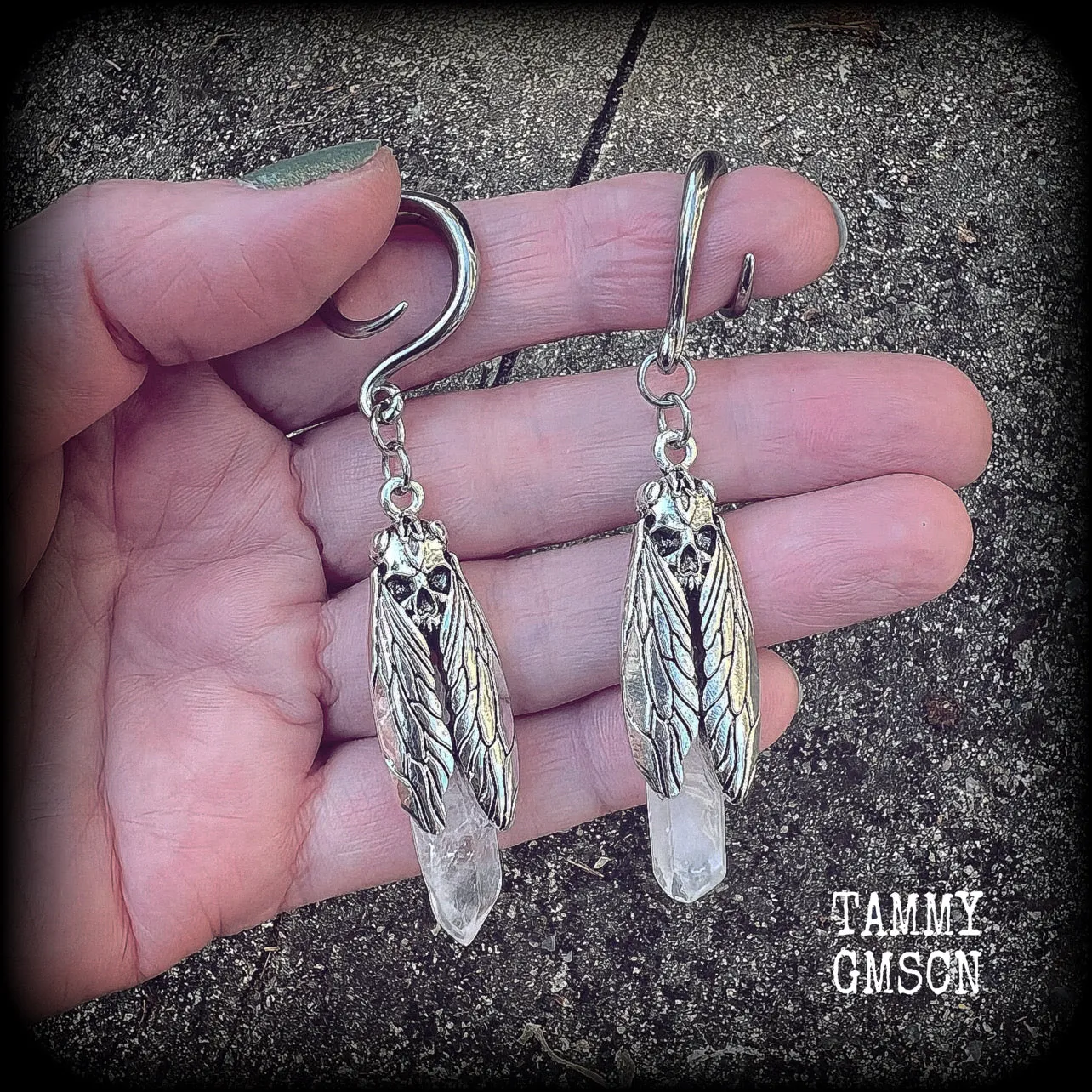 Deaths head moth quartz gauged earrings-Gemstone ear hangers