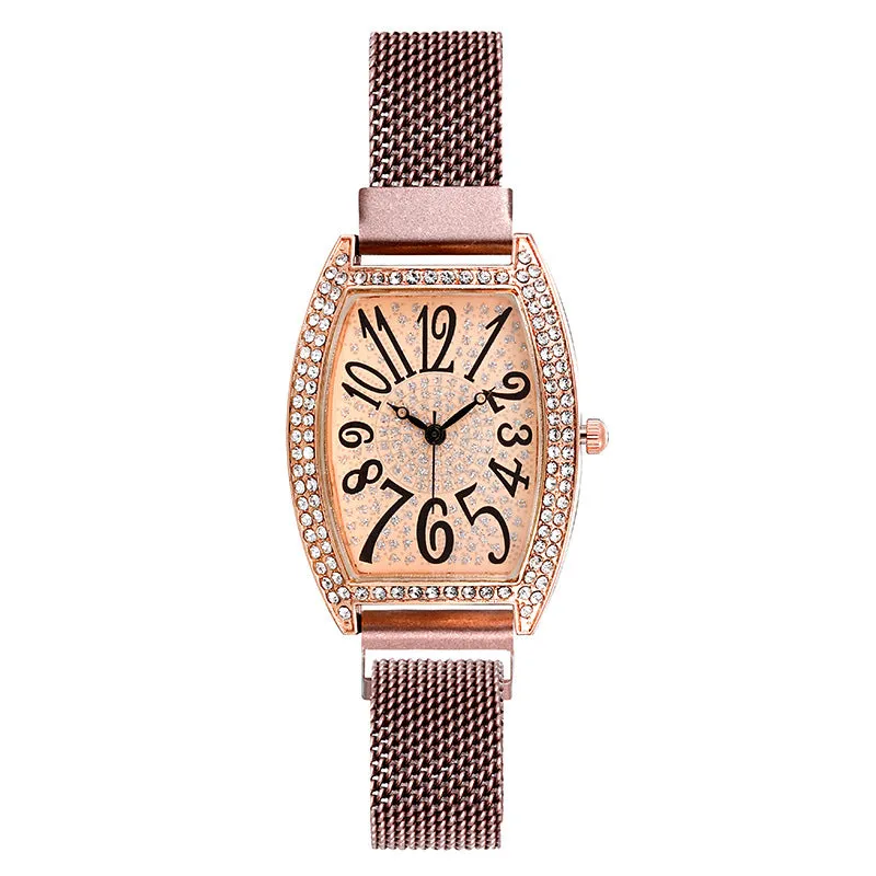 Decorative Women's Mesh Strap Watch Trendy Starry Crystal Barrel-Shaped Quartz Watch Decorative Women's Watch