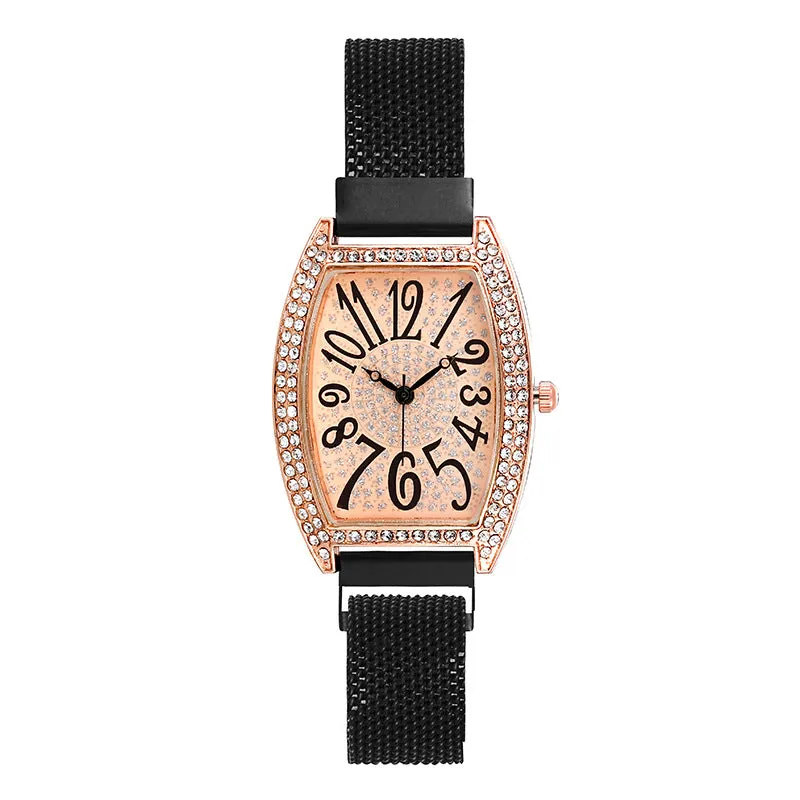 Decorative Women's Mesh Strap Watch Trendy Starry Crystal Barrel-Shaped Quartz Watch Decorative Women's Watch