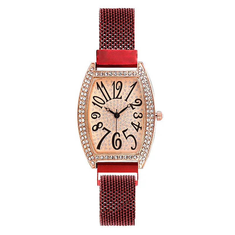Decorative Women's Mesh Strap Watch Trendy Starry Crystal Barrel-Shaped Quartz Watch Decorative Women's Watch