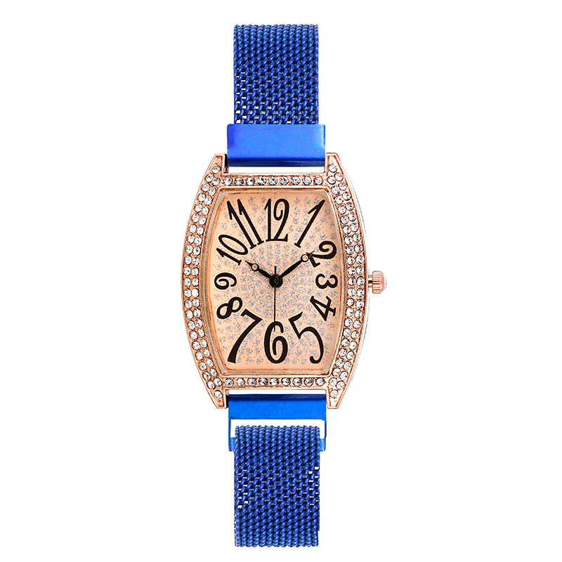 Decorative Women's Mesh Strap Watch Trendy Starry Crystal Barrel-Shaped Quartz Watch Decorative Women's Watch