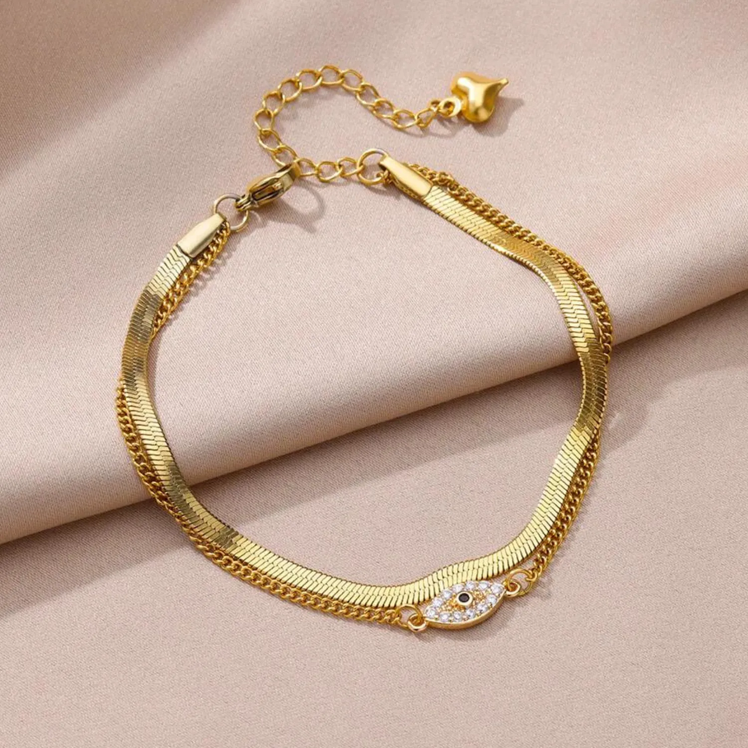 Double Layer Herringbone Evil Eye Anklet