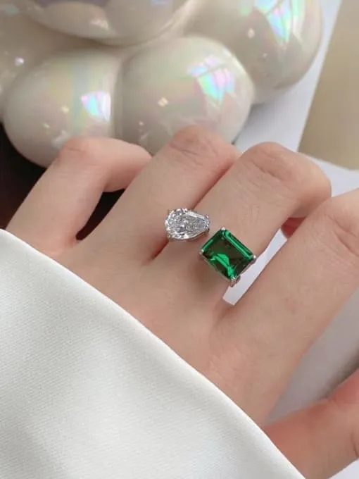 Emerald Green Adjustable Ring, Double Diamond CZ Waterdrop and Rectangle Glam Days Waterproof Ring