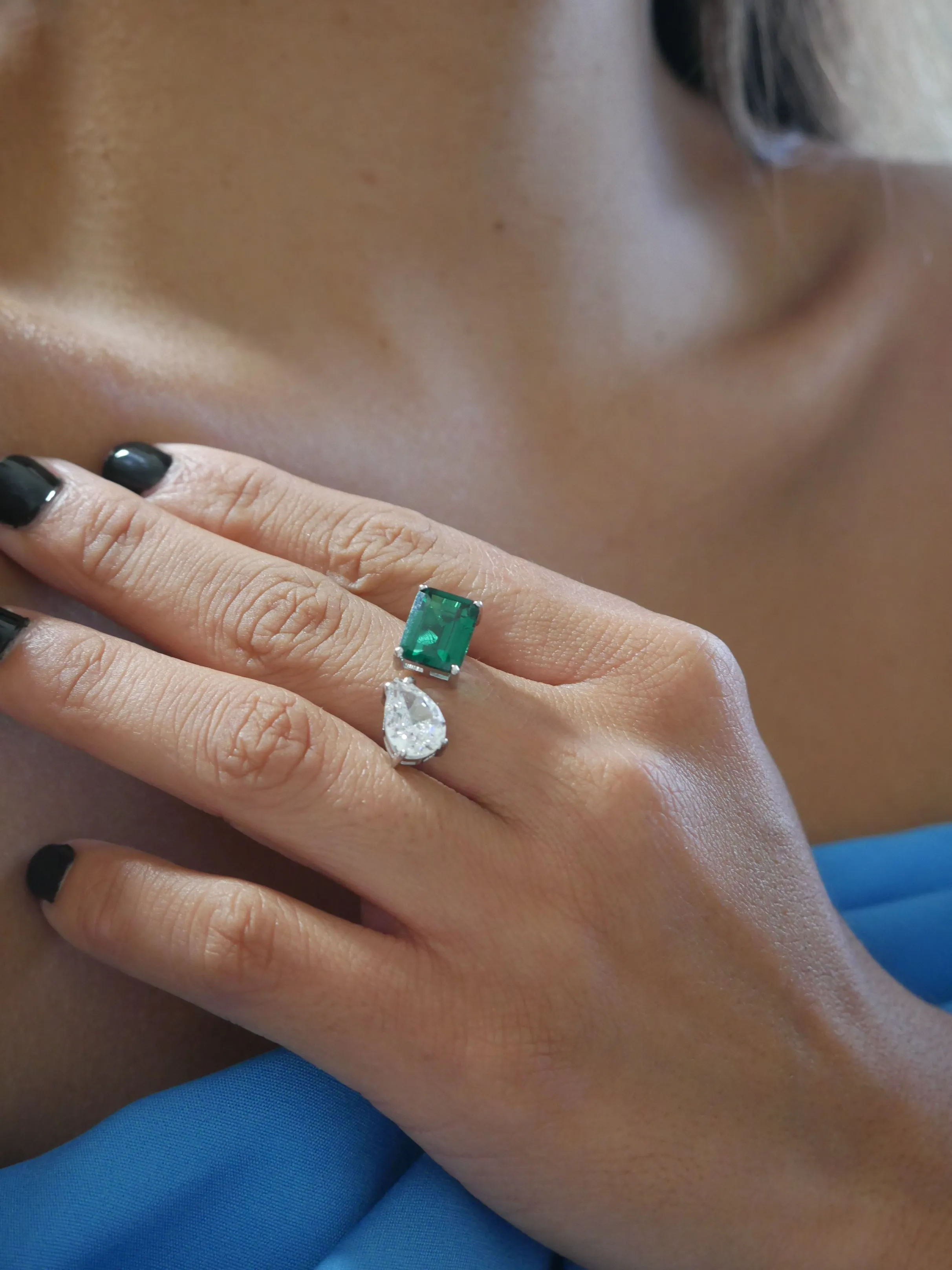 Emerald Green Adjustable Ring, Double Diamond CZ Waterdrop and Rectangle Glam Days Waterproof Ring