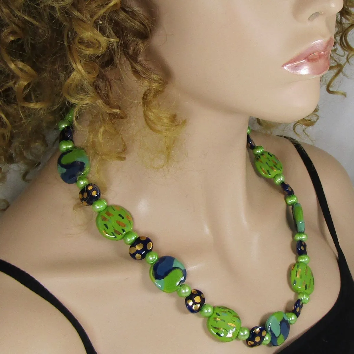 Fair Trade Kazuri Necklace Apple Green and Midnight Blue Kazuri Beads