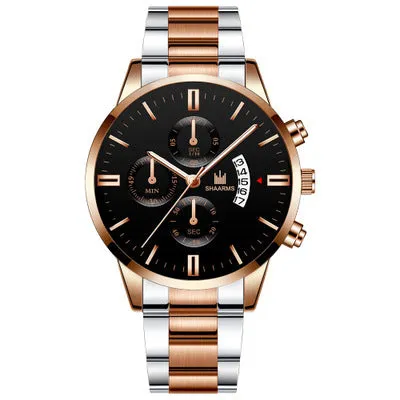 Fake Three Eyes Men's Steel Strap Watch Business Calendar Quartz Belt Watch Men's