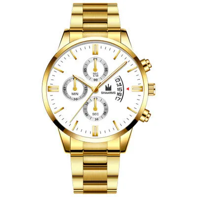 Fake Three Eyes Men's Steel Strap Watch Business Calendar Quartz Belt Watch Men's