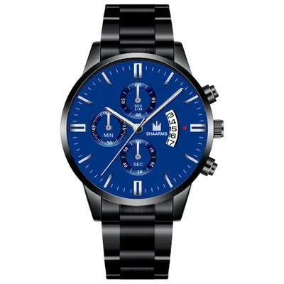 Fake Three Eyes Men's Steel Strap Watch Business Calendar Quartz Belt Watch Men's