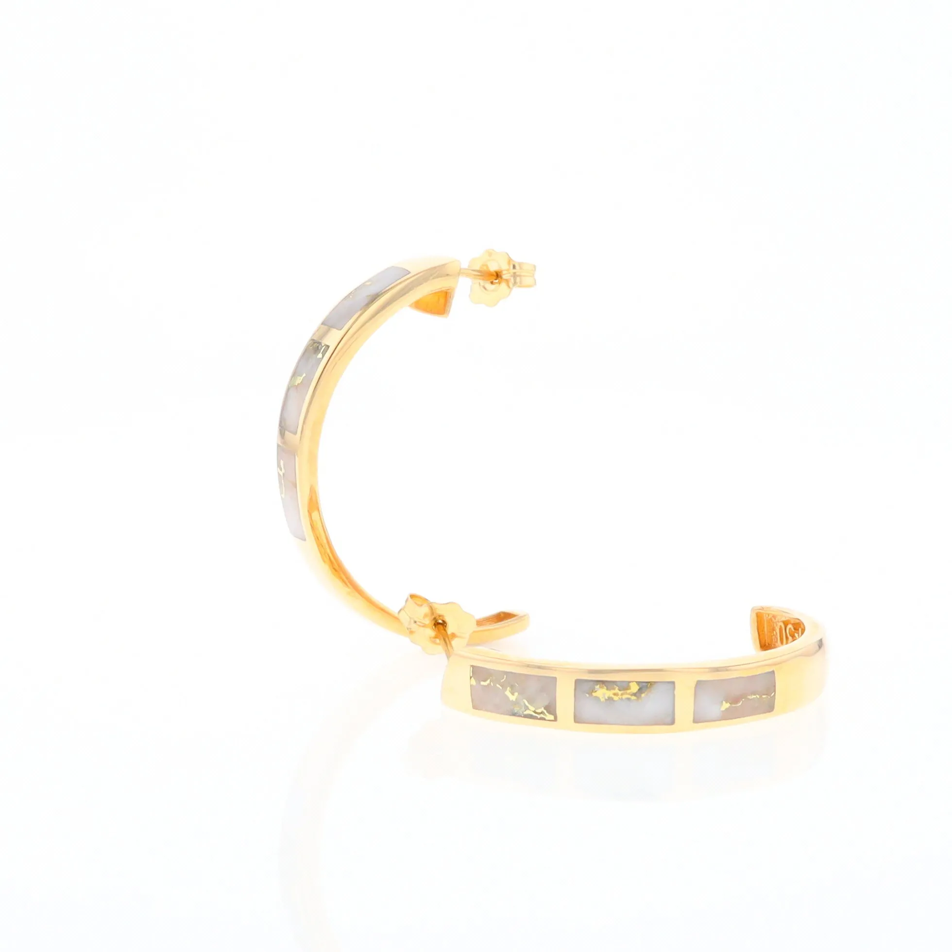 Gold Quartz Hoop Earrings 3 Section Inlaid Design