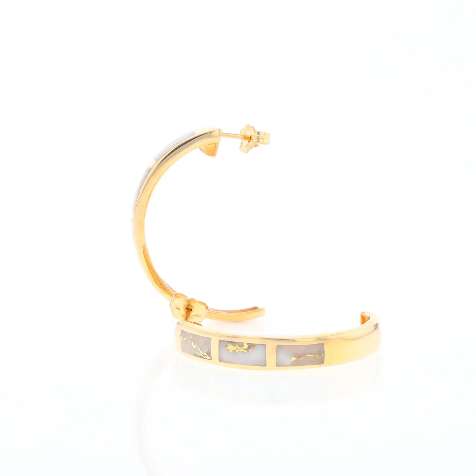 Gold Quartz Hoop Earrings 3 Section Inlaid Design
