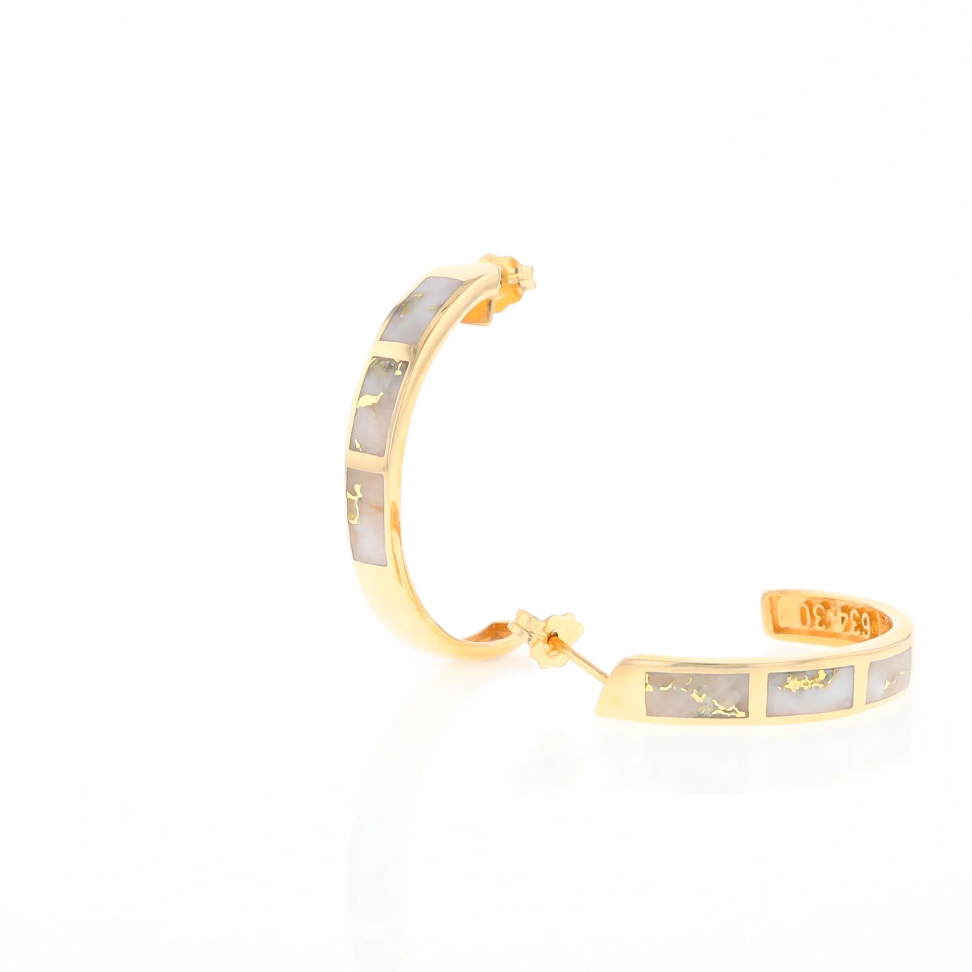 Gold Quartz Hoop Earrings 3 Section Inlaid Design