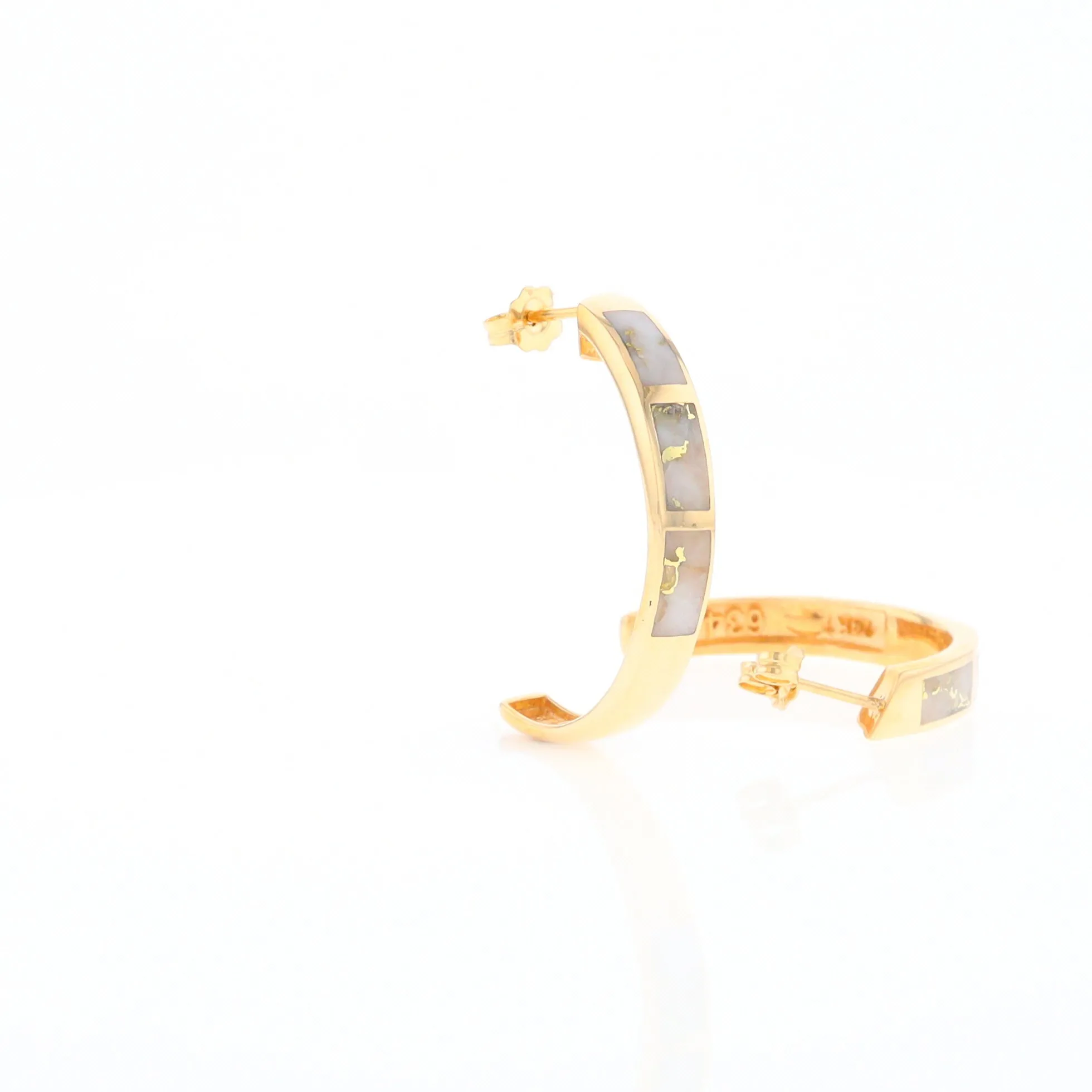 Gold Quartz Hoop Earrings 3 Section Inlaid Design