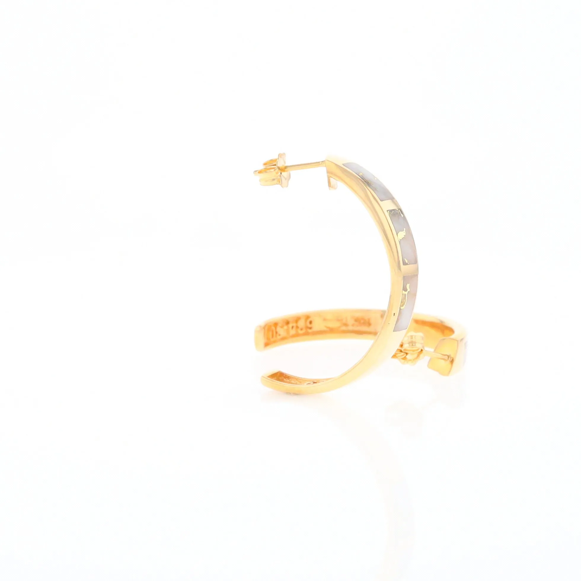 Gold Quartz Hoop Earrings 3 Section Inlaid Design