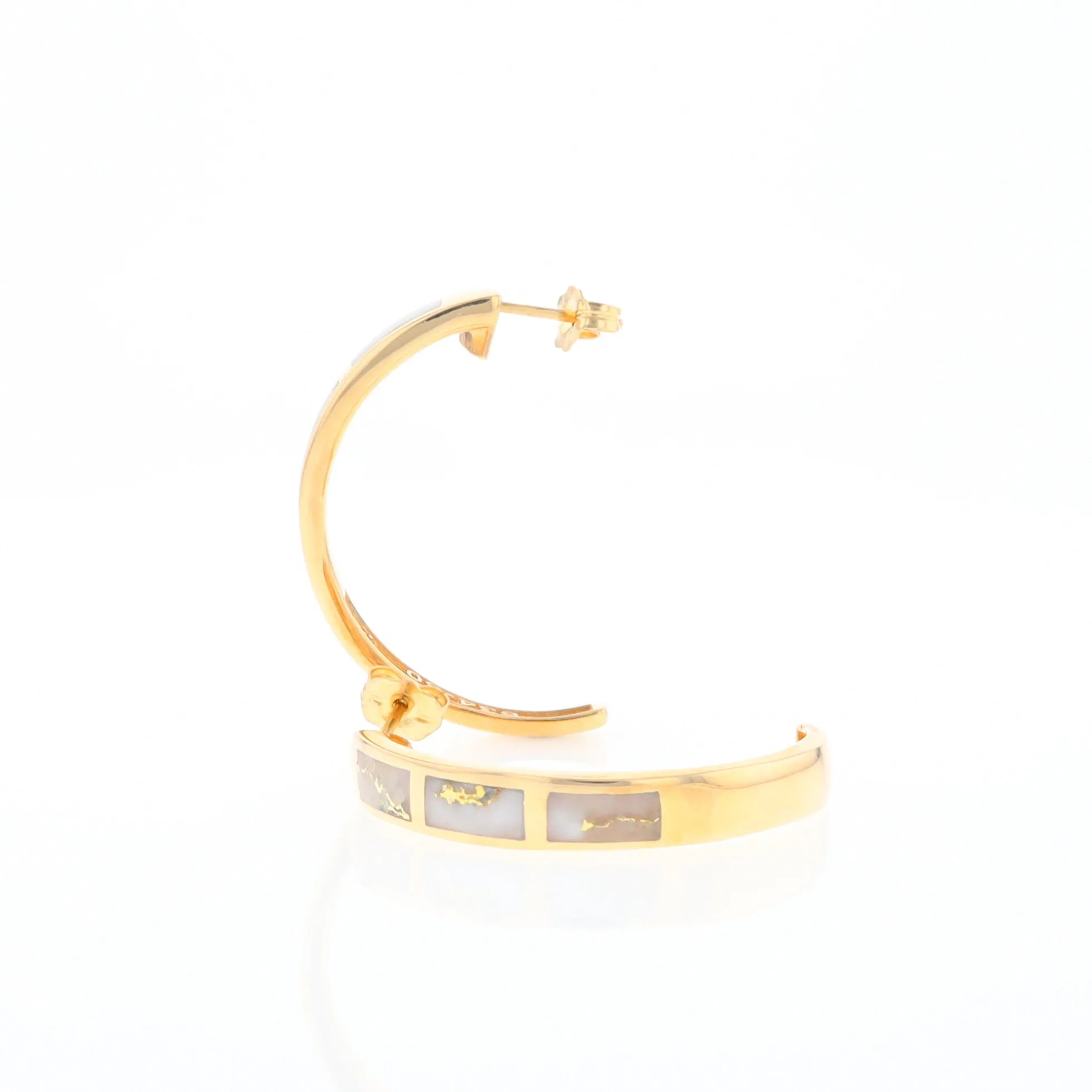 Gold Quartz Hoop Earrings 3 Section Inlaid Design