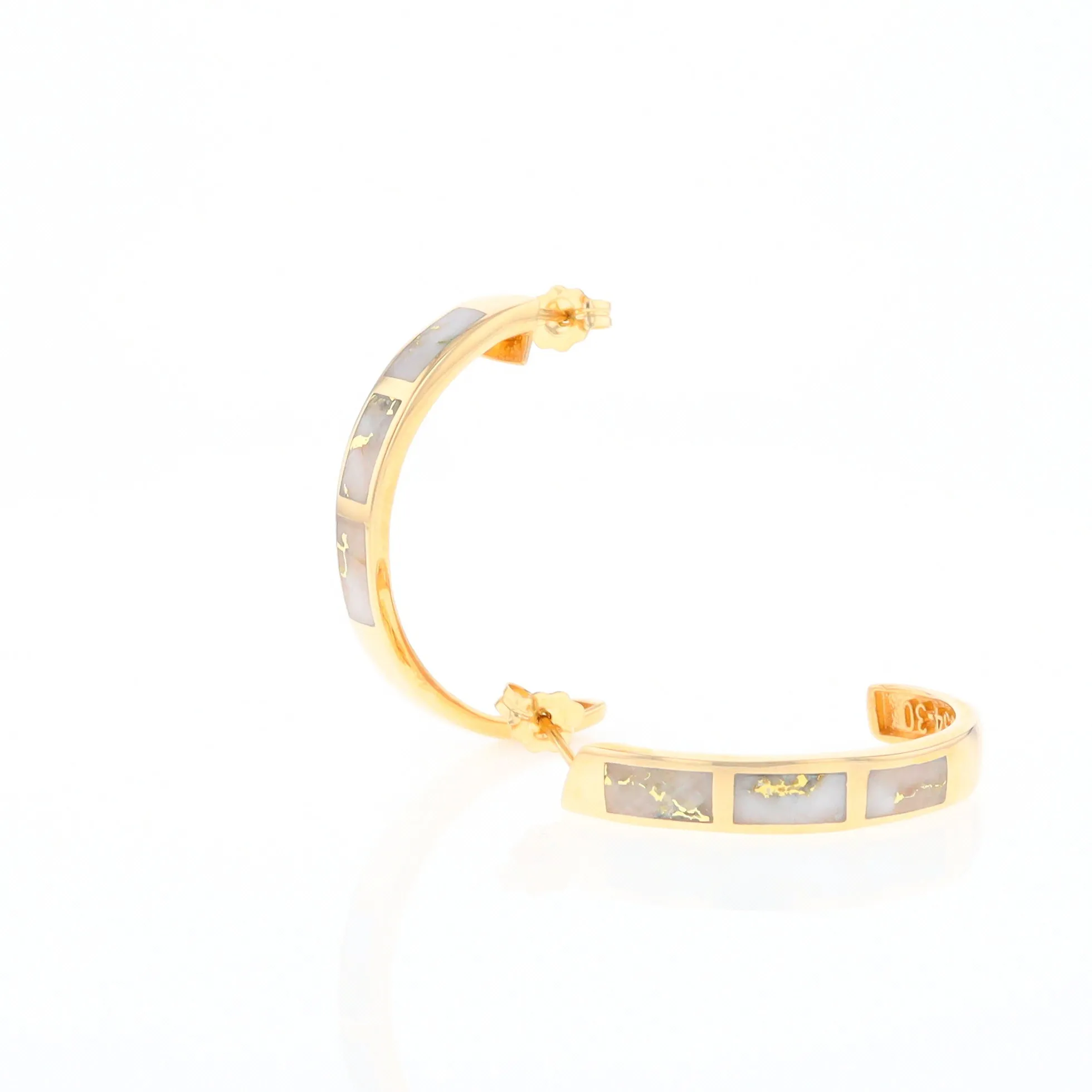 Gold Quartz Hoop Earrings 3 Section Inlaid Design