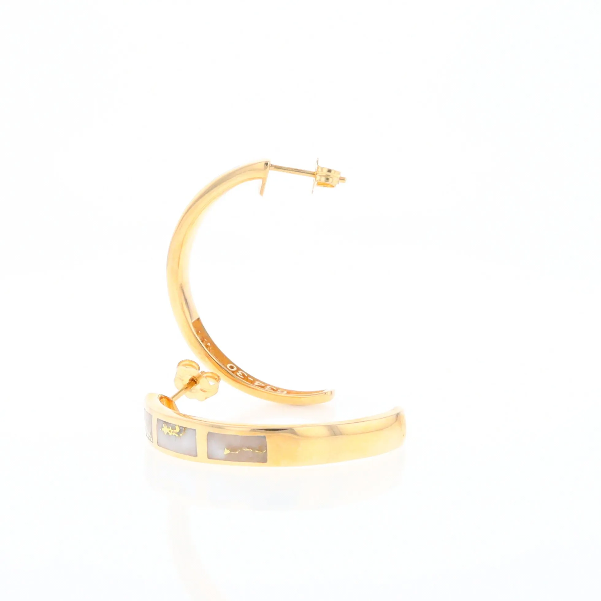 Gold Quartz Hoop Earrings 3 Section Inlaid Design