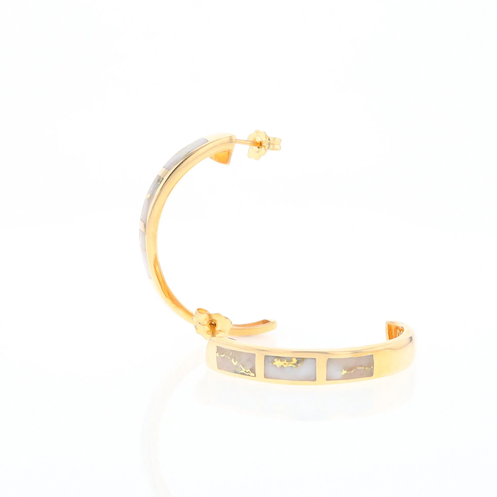 Gold Quartz Hoop Earrings 3 Section Inlaid Design