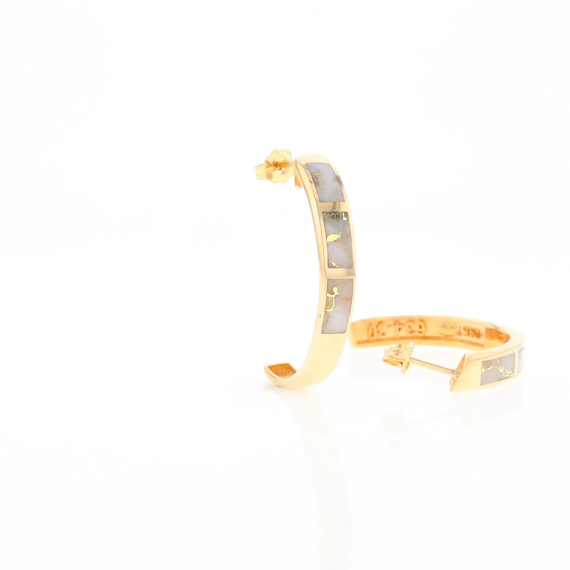 Gold Quartz Hoop Earrings 3 Section Inlaid Design