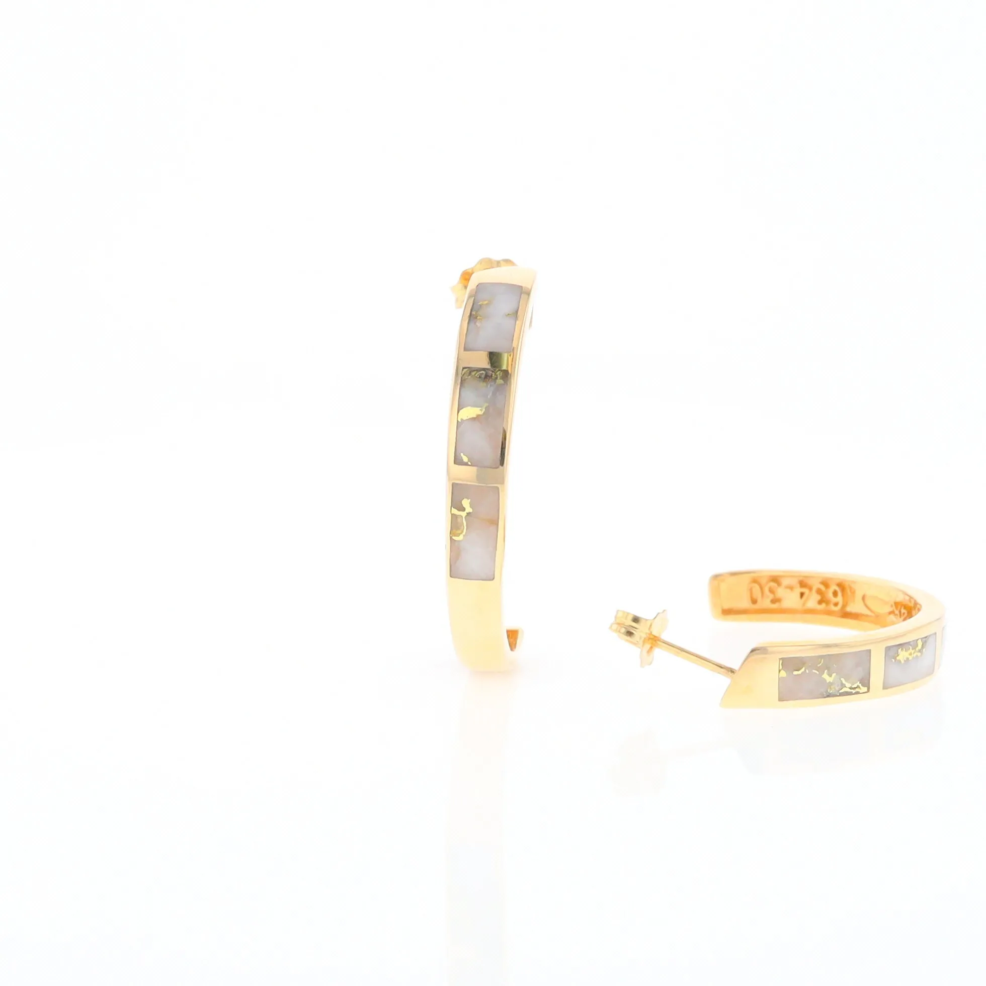 Gold Quartz Hoop Earrings 3 Section Inlaid Design