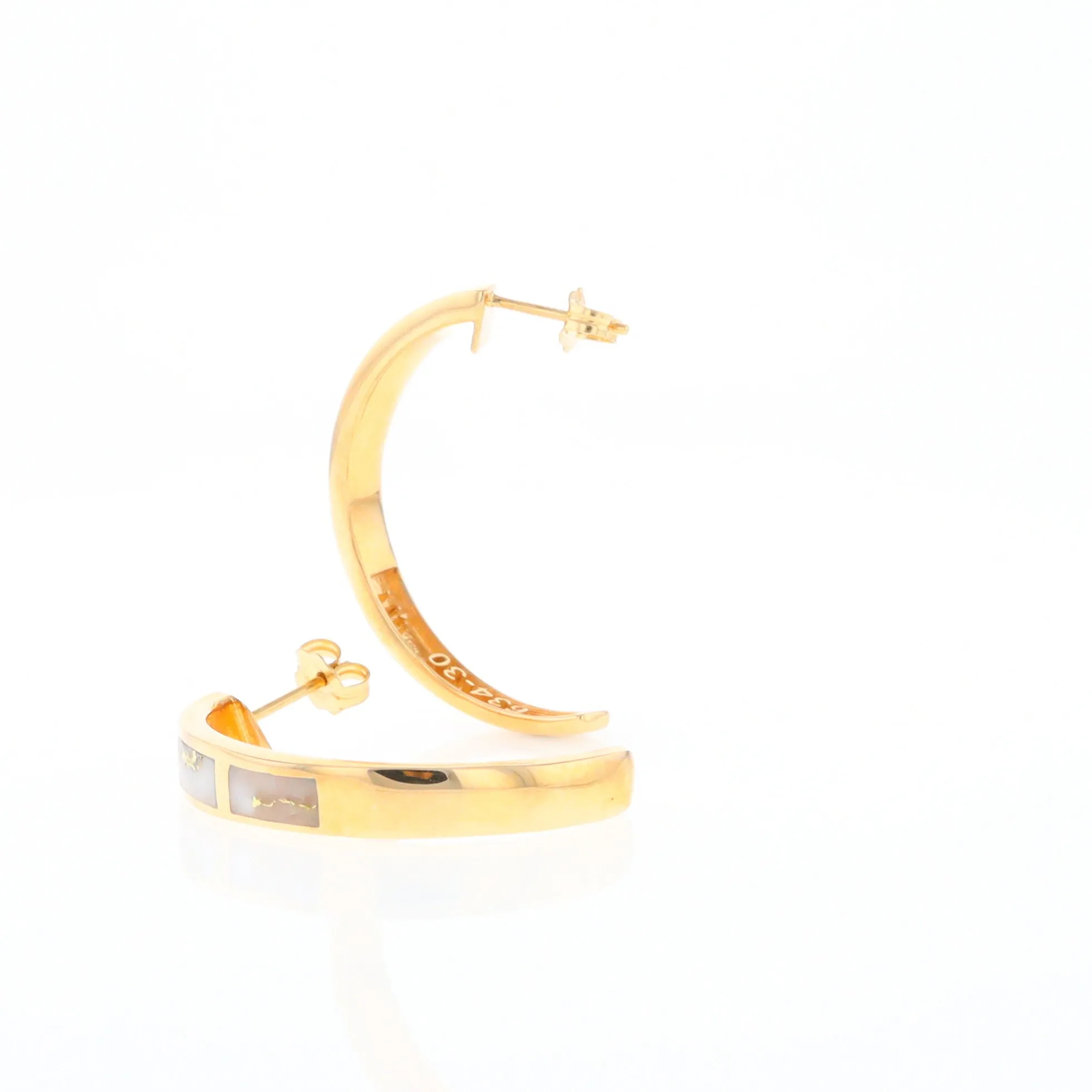 Gold Quartz Hoop Earrings 3 Section Inlaid Design