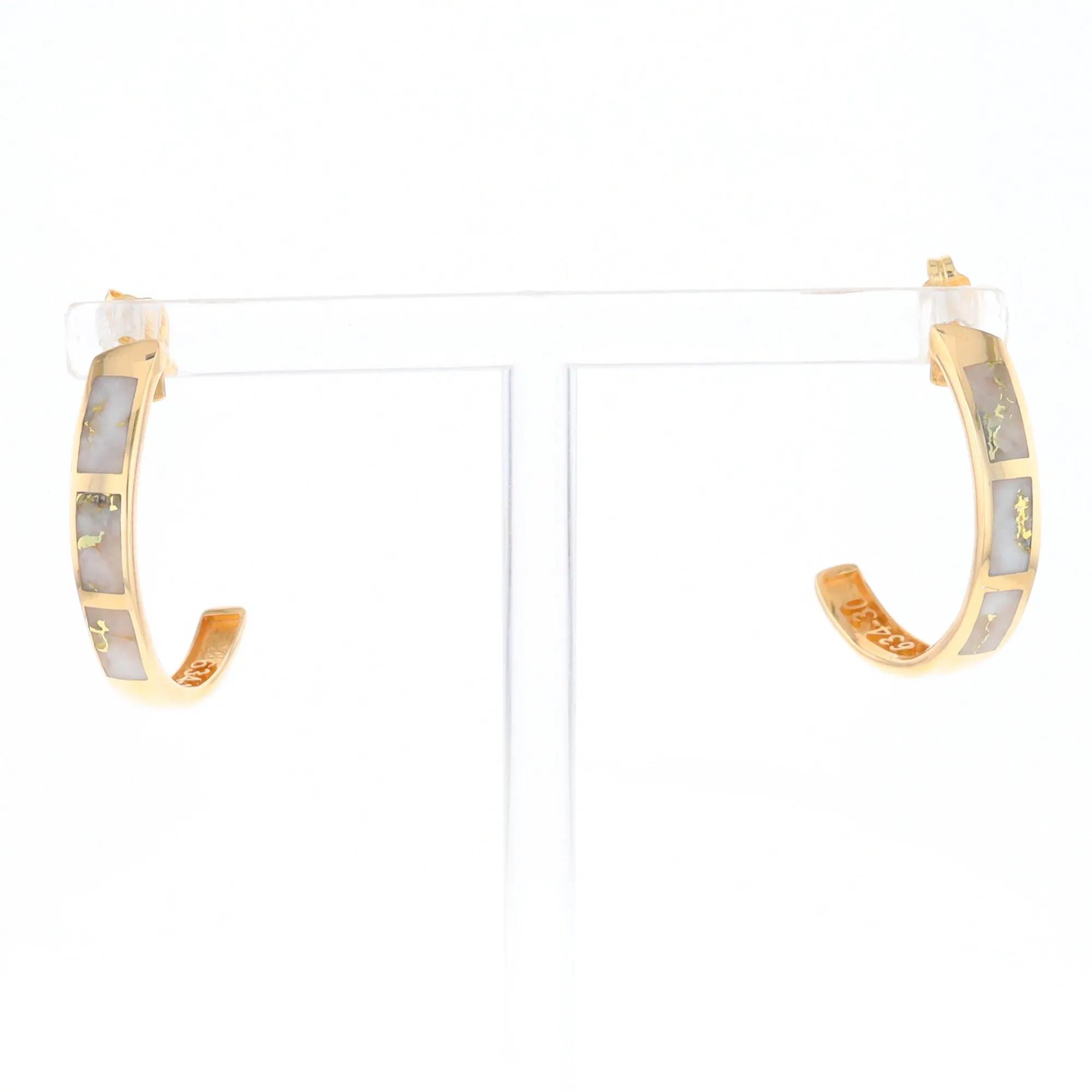 Gold Quartz Hoop Earrings 3 Section Inlaid Design